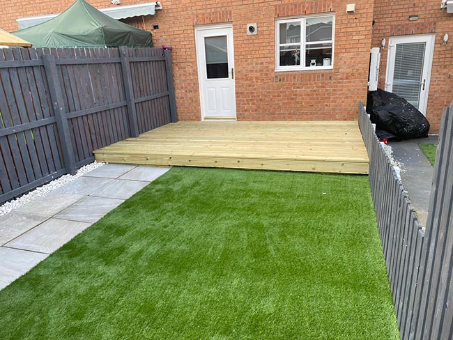 Timber decking, Artificial Grass and patio